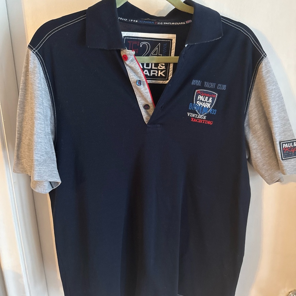 Paul & Shark Navy Polo with Gray Sleeves and Red Trim